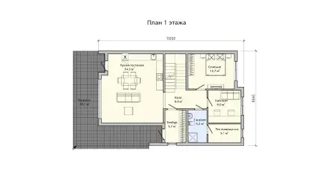 Планировка 1 floors двухэтажного дома 9 на 13 из ЖБИ - проект ПБ-200/2