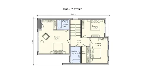 План второго floors двухэтажного дома 9 на 13 из ЖБИ по проект ПБ-200/2