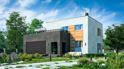 Передний фасад two-storey house with a usable roof and garageом, project БЭНПАН БП-222.