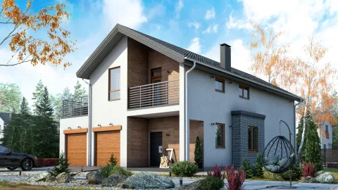 Передний фасад two-storey country house with a two-car garage, project БЭНПАН БП-272.