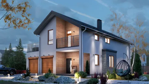 Вечернее фото two-storey country house with a two-car garage, project БЭНПАН БП-272.