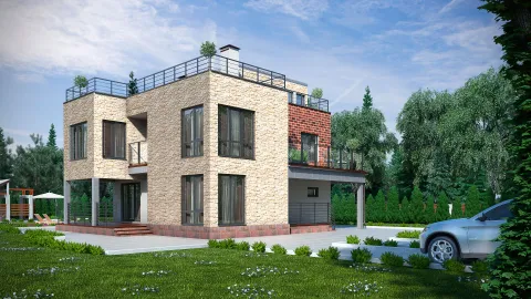 Передний фасад two-storey house with a usable roof, project БЭНПАН МС-247.