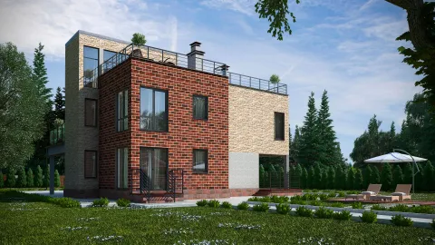 Задний фасад two-storey house with a usable roof, project БЭНПАН МС-247.