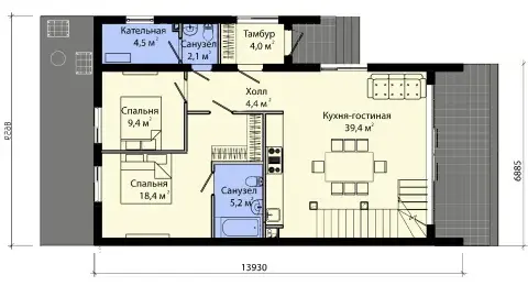 two-storey country house 7×14 with 4 bedrooms - план 1 floors