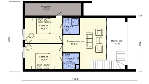 two-storey country house 7×14 with 4 bedrooms - планировка 2 floors