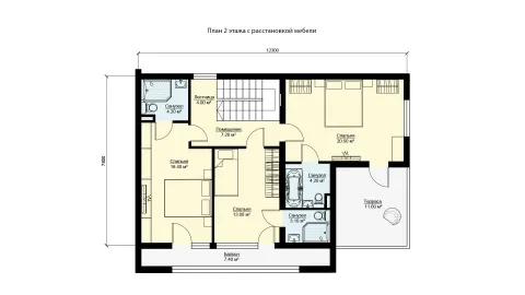 Second-floor layout two-storey house 8×12 with a terrace