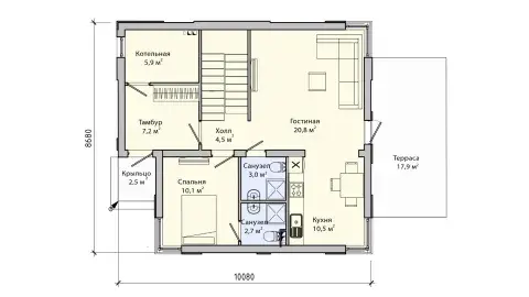 План the first floor двухэтажного дома 9 на 10 из сборного железобетона
